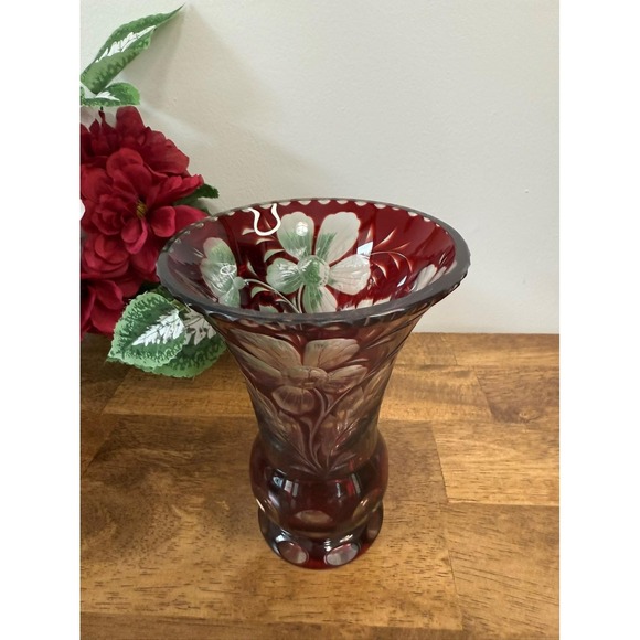 Vintage Bohemian Czech Ruby Red Cut to Clear Crystal Vase Etched Floral Design - Picture 3 of 9